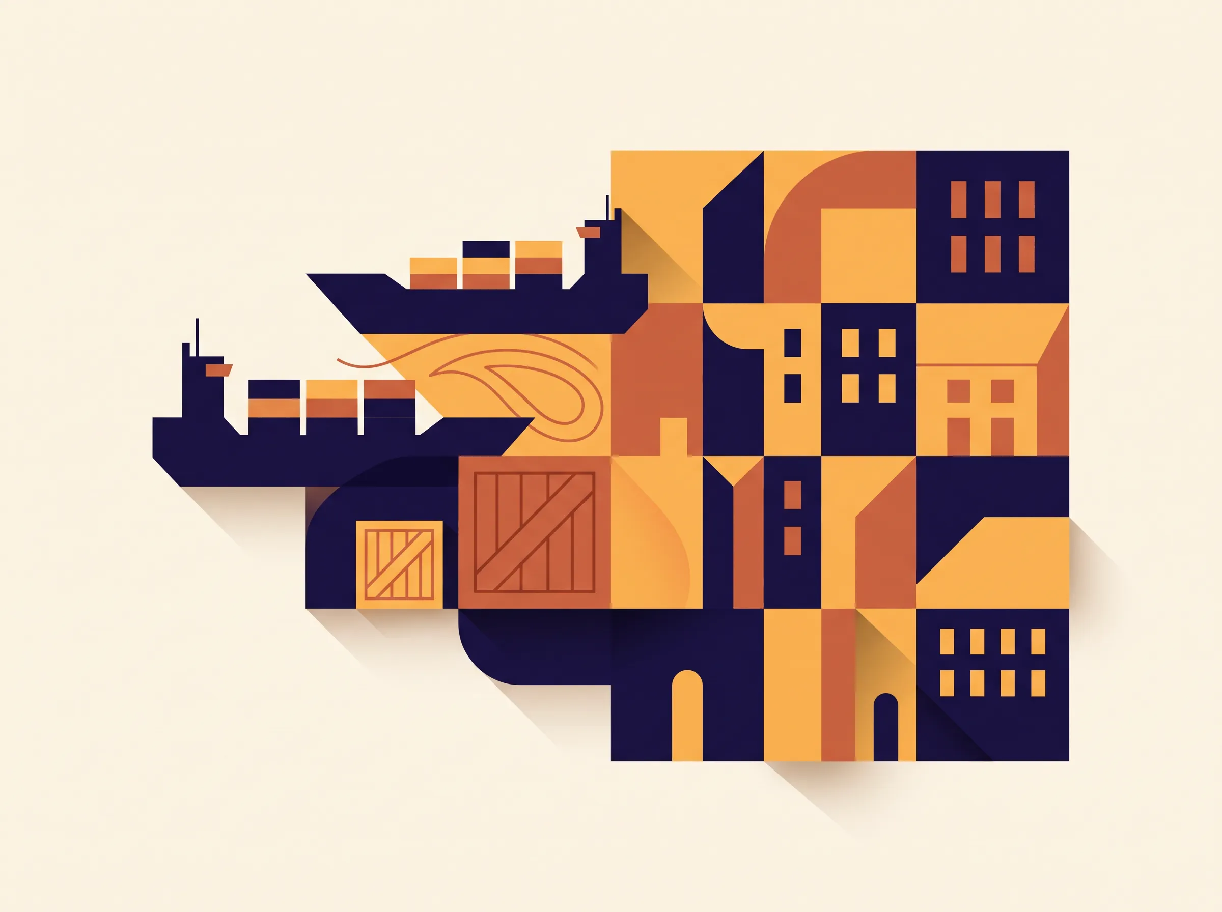 Illustration of shipping and logistics motifs blending Indian and European design elements